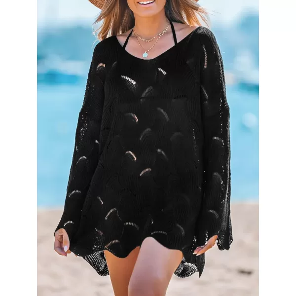 imageCUPSHE Women Casual Cut Out Swim Cover Up Drop Shoulder Long Sleeve VNeck CoverUpsBlack