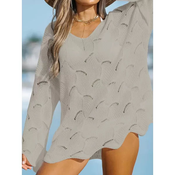 imageCUPSHE Women Casual Cut Out Swim Cover Up Drop Shoulder Long Sleeve VNeck CoverUpsBrown