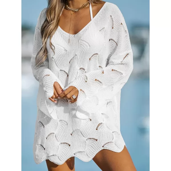 imageCUPSHE Women Casual Cut Out Swim Cover Up Drop Shoulder Long Sleeve VNeck CoverUpsWhite