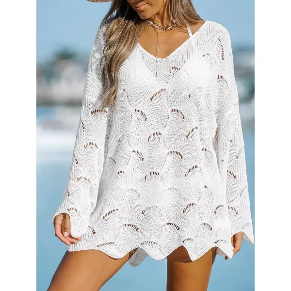 imageCUPSHE Women Casual Cut Out Swim Cover Up Drop Shoulder Long Sleeve VNeck CoverUpsWhite