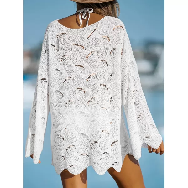 imageCUPSHE Women Casual Cut Out Swim Cover Up Drop Shoulder Long Sleeve VNeck CoverUpsWhite