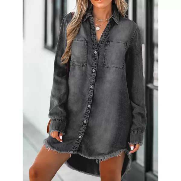 imageCUPSHE Women Casual Denim Oversized Shirt Long Sleeve Lapel Collar Button Down Shirts Dolphin HemBlack