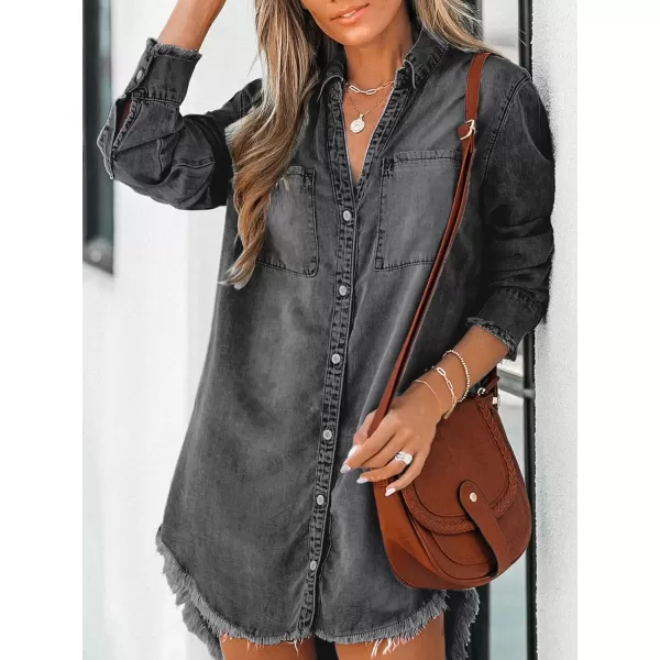 imageCUPSHE Women Casual Denim Oversized Shirt Long Sleeve Lapel Collar Button Down Shirts Dolphin HemBlack