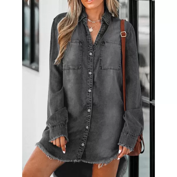 imageCUPSHE Women Casual Denim Oversized Shirt Long Sleeve Lapel Collar Button Down Shirts Dolphin HemBlack