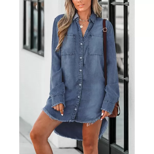 imageCUPSHE Women Casual Denim Oversized Shirt Long Sleeve Lapel Collar Button Down Shirts Dolphin HemDark Blue