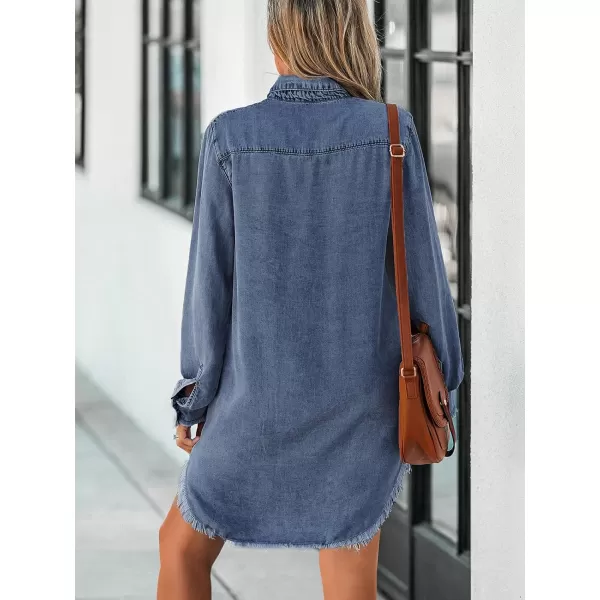 imageCUPSHE Women Casual Denim Oversized Shirt Long Sleeve Lapel Collar Button Down Shirts Dolphin HemDark Blue