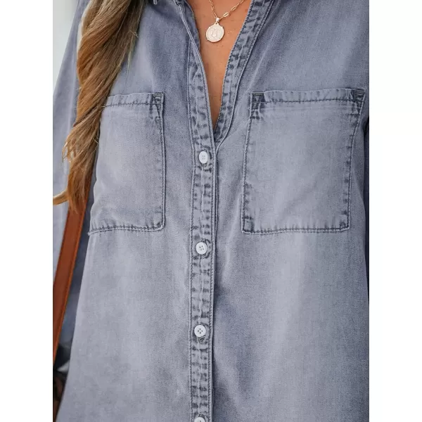 imageCUPSHE Women Casual Denim Oversized Shirt Long Sleeve Lapel Collar Button Down Shirts Dolphin HemLight Blue