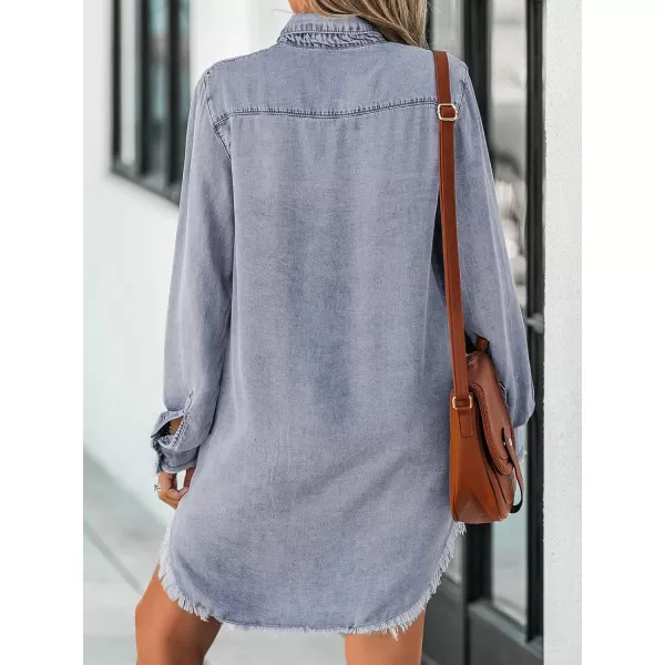 imageCUPSHE Women Casual Denim Oversized Shirt Long Sleeve Lapel Collar Button Down Shirts Dolphin HemLight Blue