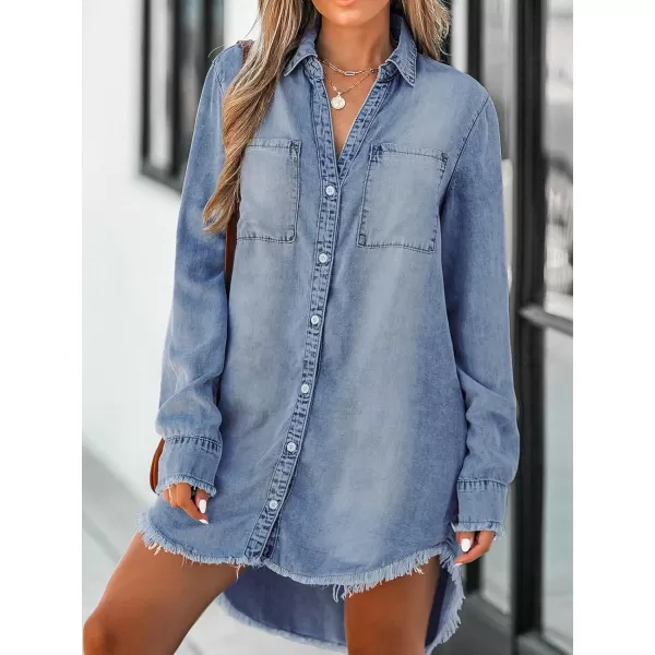 imageCUPSHE Women Casual Denim Oversized Shirt Long Sleeve Lapel Collar Button Down Shirts Dolphin HemSky Blue
