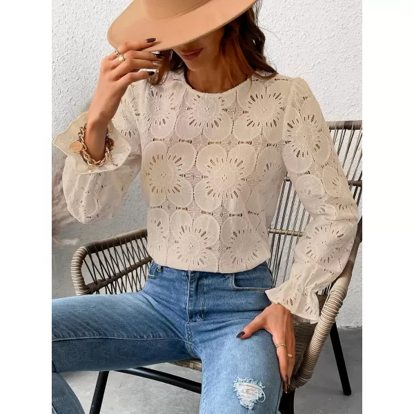 imageCUPSHE Women Casual Embroidered Floral Eyelet Long Sleeve Blouses Trumpet Sleeve Woven Slim Fit Blouse TopsBeige