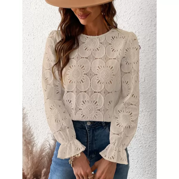 imageCUPSHE Women Casual Embroidered Floral Eyelet Long Sleeve Blouses Trumpet Sleeve Woven Slim Fit Blouse TopsBeige