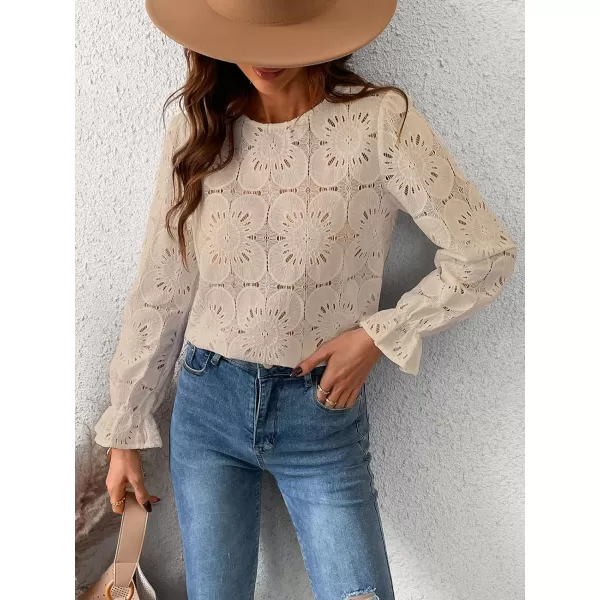 imageCUPSHE Women Casual Embroidered Floral Eyelet Long Sleeve Blouses Trumpet Sleeve Woven Slim Fit Blouse TopsBeige