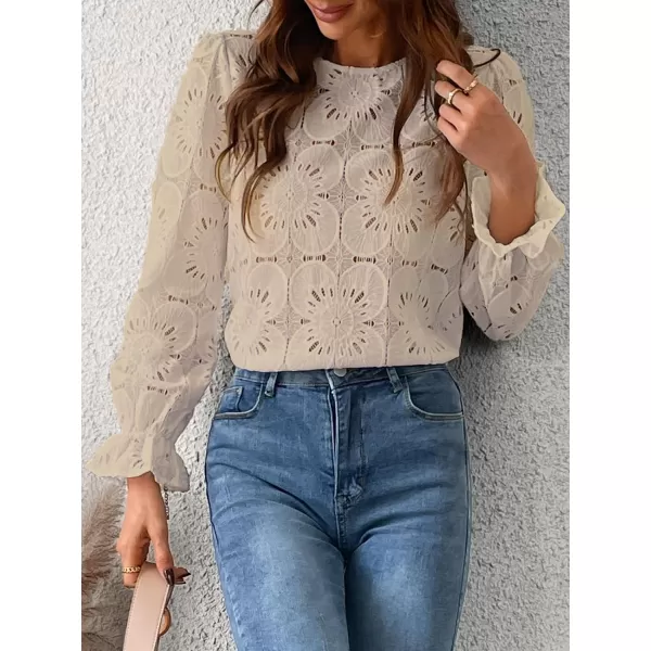 imageCUPSHE Women Casual Embroidered Floral Eyelet Long Sleeve Blouses Trumpet Sleeve Woven Slim Fit Blouse TopsBeige