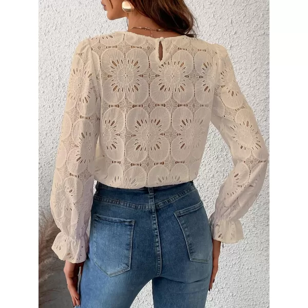 imageCUPSHE Women Casual Embroidered Floral Eyelet Long Sleeve Blouses Trumpet Sleeve Woven Slim Fit Blouse TopsBeige