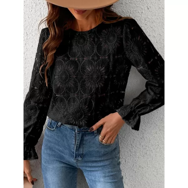 imageCUPSHE Women Casual Embroidered Floral Eyelet Long Sleeve Blouses Trumpet Sleeve Woven Slim Fit Blouse TopsBlack