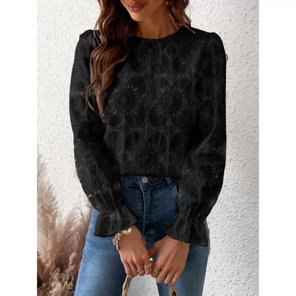 imageCUPSHE Women Casual Embroidered Floral Eyelet Long Sleeve Blouses Trumpet Sleeve Woven Slim Fit Blouse TopsBlack