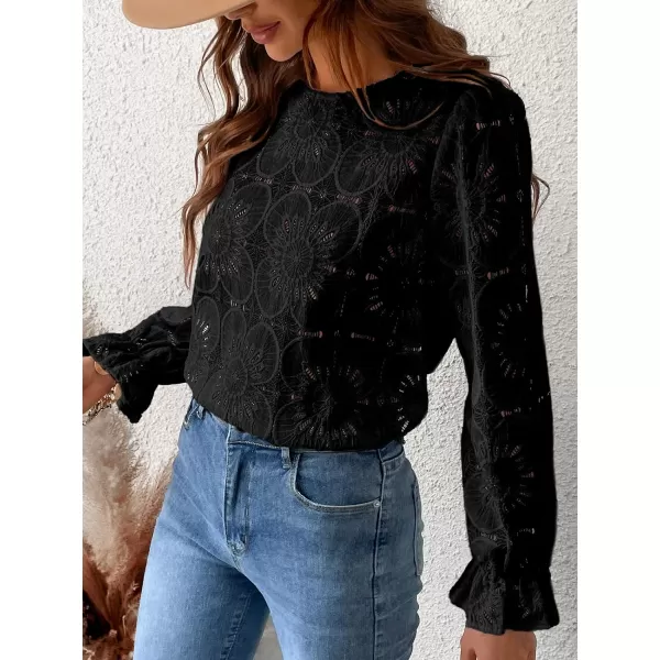 imageCUPSHE Women Casual Embroidered Floral Eyelet Long Sleeve Blouses Trumpet Sleeve Woven Slim Fit Blouse TopsBlack
