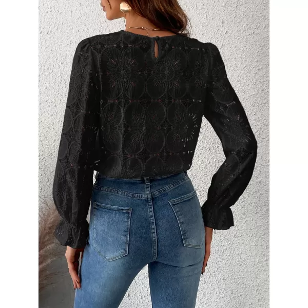 imageCUPSHE Women Casual Embroidered Floral Eyelet Long Sleeve Blouses Trumpet Sleeve Woven Slim Fit Blouse TopsBlack