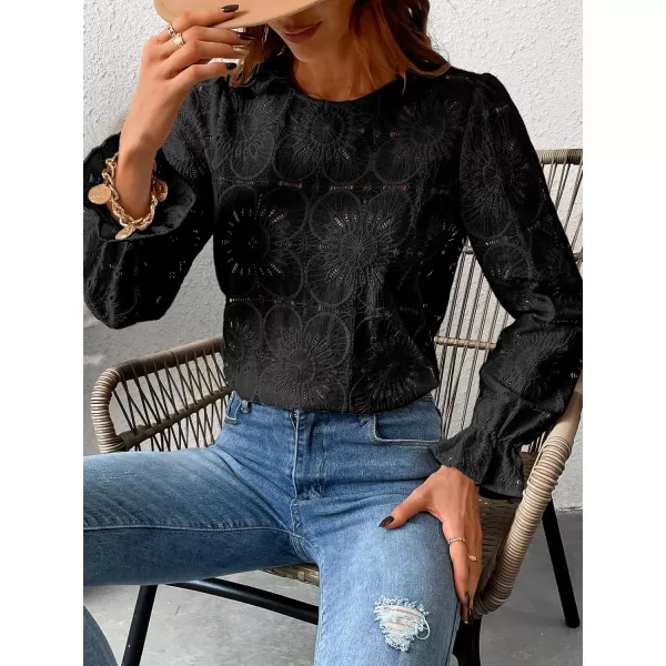 imageCUPSHE Women Casual Embroidered Floral Eyelet Long Sleeve Blouses Trumpet Sleeve Woven Slim Fit Blouse TopsBlack