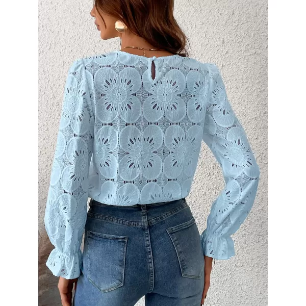 imageCUPSHE Women Casual Embroidered Floral Eyelet Long Sleeve Blouses Trumpet Sleeve Woven Slim Fit Blouse TopsBlue