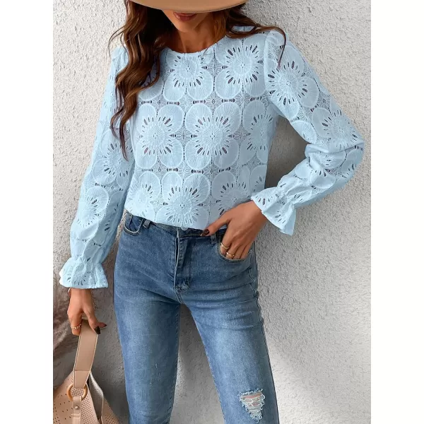 imageCUPSHE Women Casual Embroidered Floral Eyelet Long Sleeve Blouses Trumpet Sleeve Woven Slim Fit Blouse TopsBlue