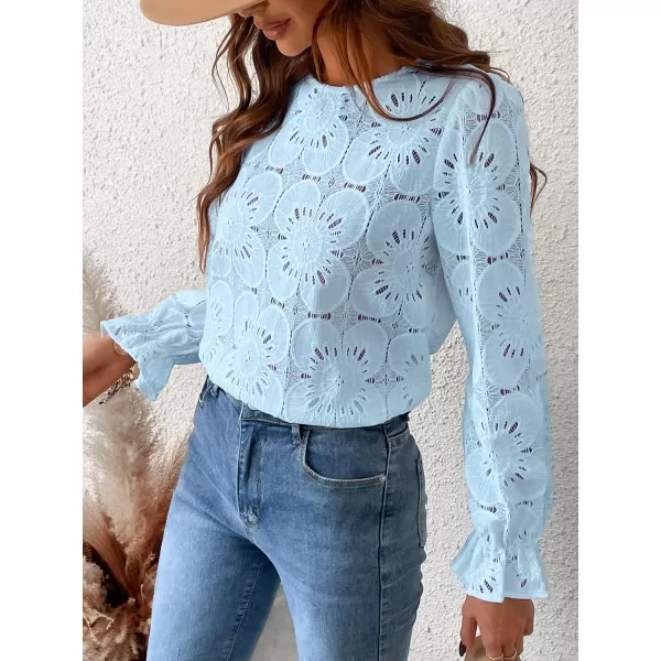 imageCUPSHE Women Casual Embroidered Floral Eyelet Long Sleeve Blouses Trumpet Sleeve Woven Slim Fit Blouse TopsBlue