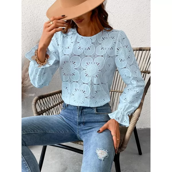 imageCUPSHE Women Casual Embroidered Floral Eyelet Long Sleeve Blouses Trumpet Sleeve Woven Slim Fit Blouse TopsBlue