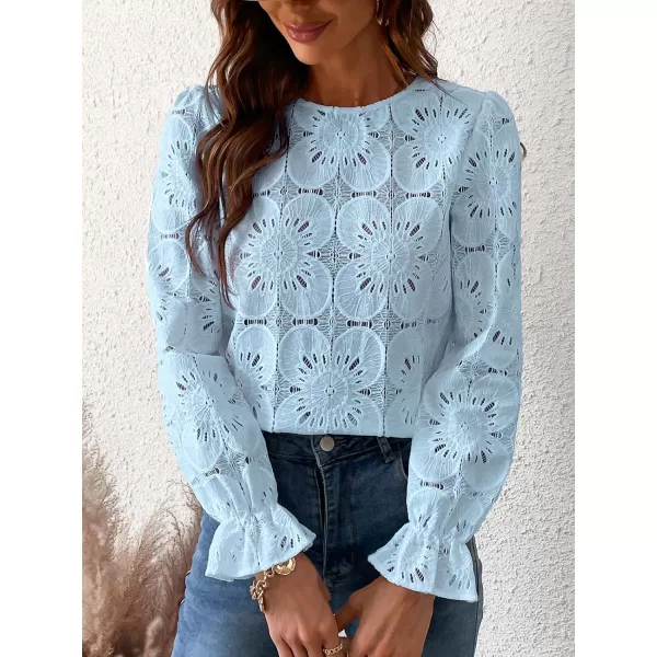 imageCUPSHE Women Casual Embroidered Floral Eyelet Long Sleeve Blouses Trumpet Sleeve Woven Slim Fit Blouse TopsBlue
