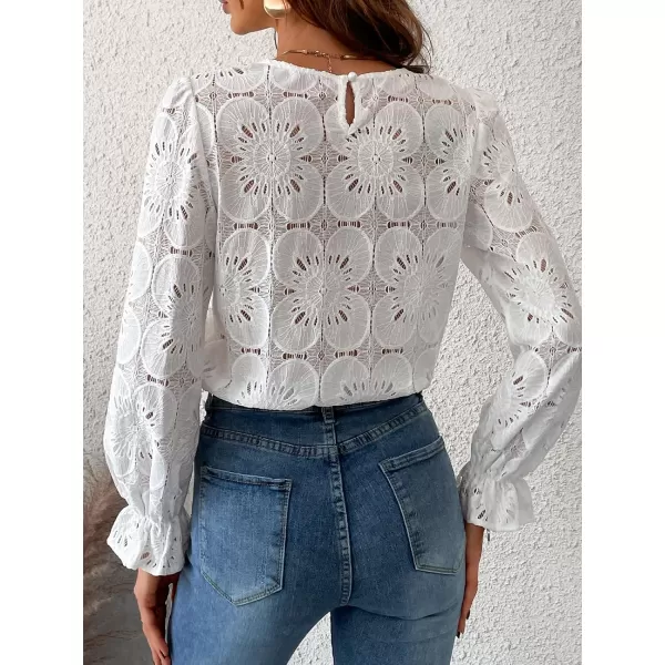 imageCUPSHE Women Casual Embroidered Floral Eyelet Long Sleeve Blouses Trumpet Sleeve Woven Slim Fit Blouse TopsWhite