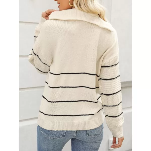 imageCUPSHE Women Casual Long Sleeve Half Zip Pullover Sweater Striped V Neck Collar Cable Knit Jumper TopsWhite