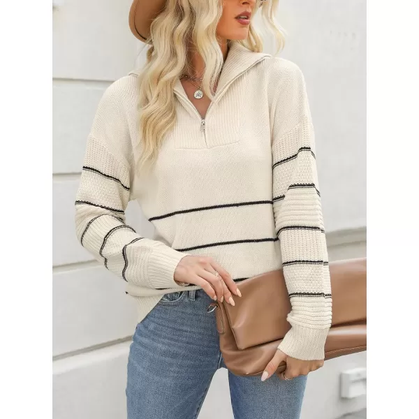 imageCUPSHE Women Casual Long Sleeve Half Zip Pullover Sweater Striped V Neck Collar Cable Knit Jumper TopsWhite