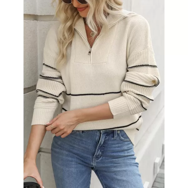 imageCUPSHE Women Casual Long Sleeve Half Zip Pullover Sweater Striped V Neck Collar Cable Knit Jumper TopsWhite