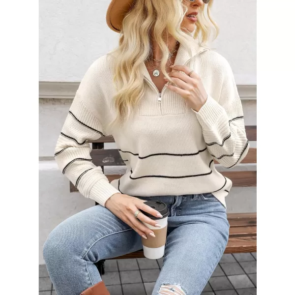 imageCUPSHE Women Casual Long Sleeve Half Zip Pullover Sweater Striped V Neck Collar Cable Knit Jumper TopsWhite