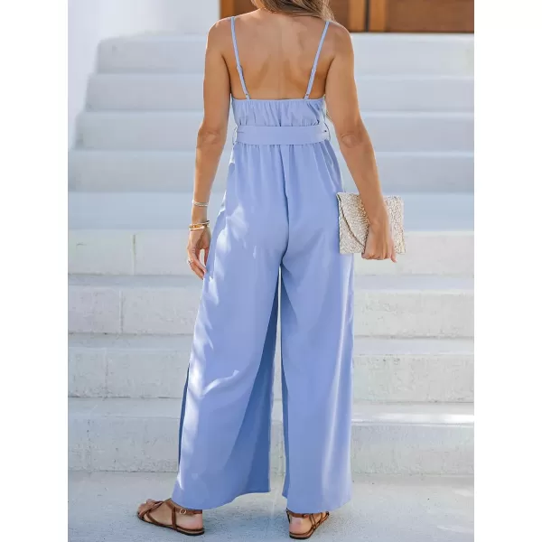 imageCUPSHE Women Casual Loose Sleeveless Jumpsuit Belted Spaghetti Strap Wide Leg Long Romper OutfitBlue