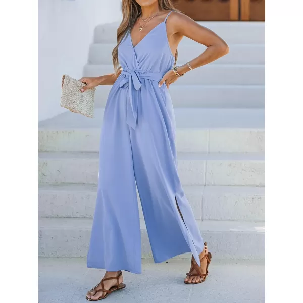 imageCUPSHE Women Casual Loose Sleeveless Jumpsuit Belted Spaghetti Strap Wide Leg Long Romper OutfitBlue