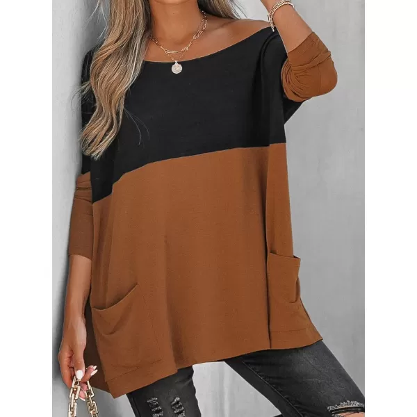 imageCUPSHE Women Casual Patchwork Oversized Tee Autumn Long Sleeve Scoop Neck Tops with PocketsMulticolor