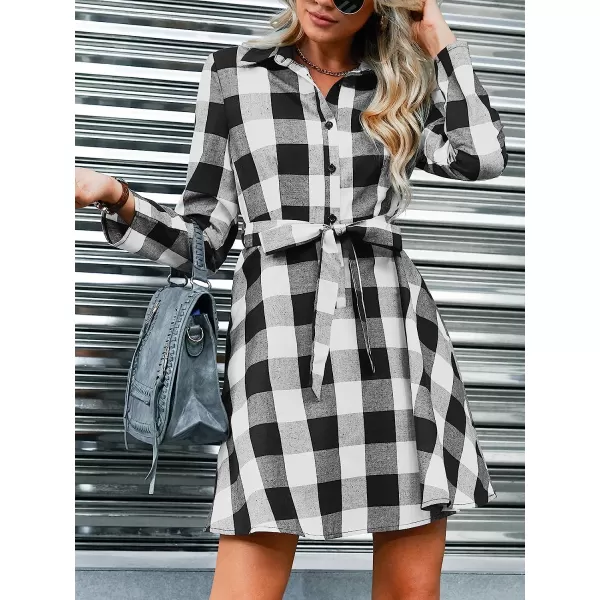 imageCUPSHE Women Casual Plaid Mini Dress Winter Long Sleeve Button Down Aline Dresses with BeltBlack