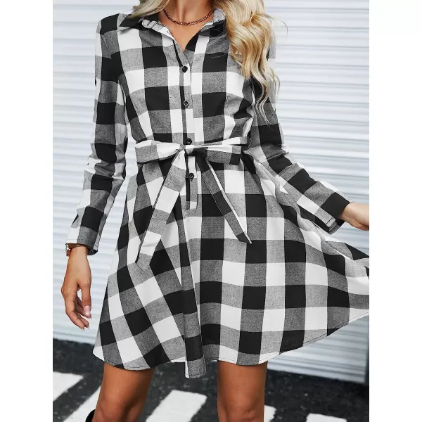 imageCUPSHE Women Casual Plaid Mini Dress Winter Long Sleeve Button Down Aline Dresses with BeltBlack