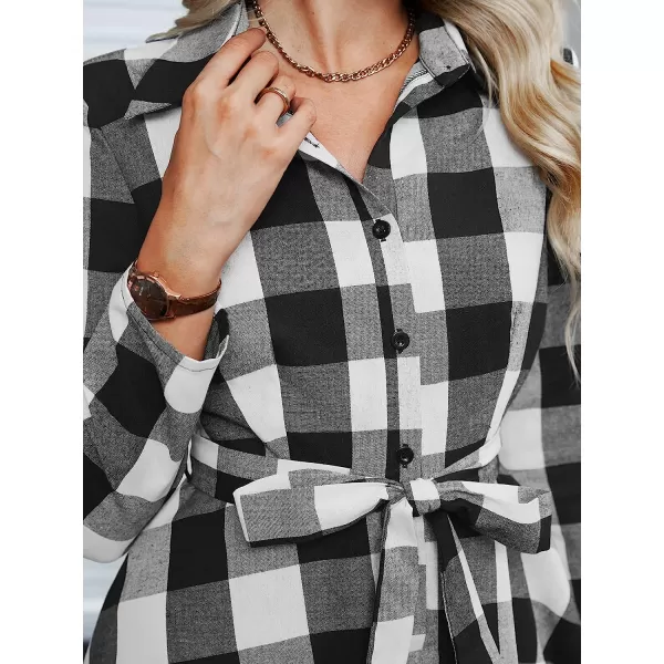imageCUPSHE Women Casual Plaid Mini Dress Winter Long Sleeve Button Down Aline Dresses with BeltBlack