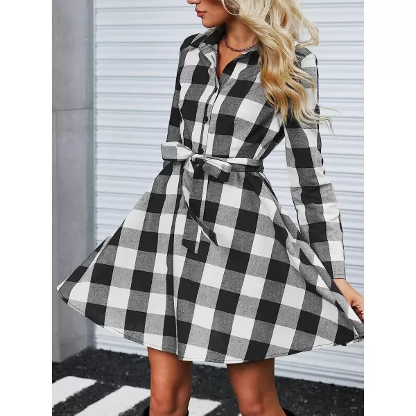 imageCUPSHE Women Casual Plaid Mini Dress Winter Long Sleeve Button Down Aline Dresses with BeltBlack