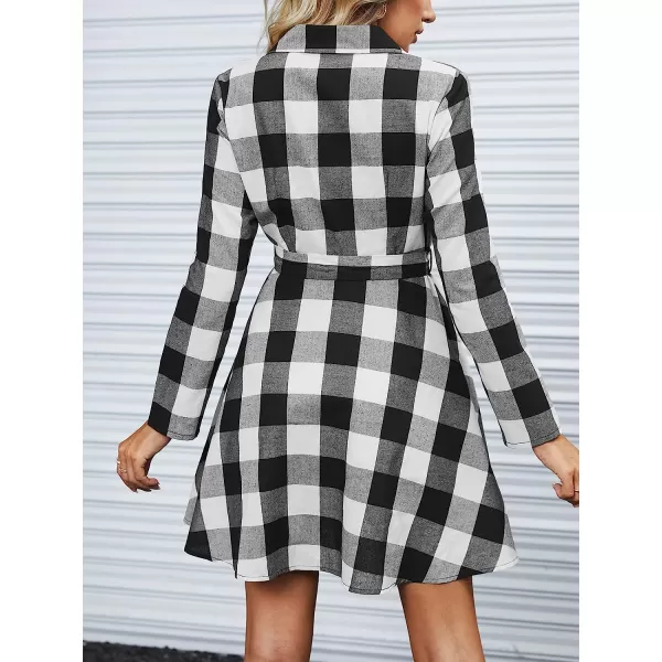 imageCUPSHE Women Casual Plaid Mini Dress Winter Long Sleeve Button Down Aline Dresses with BeltBlack