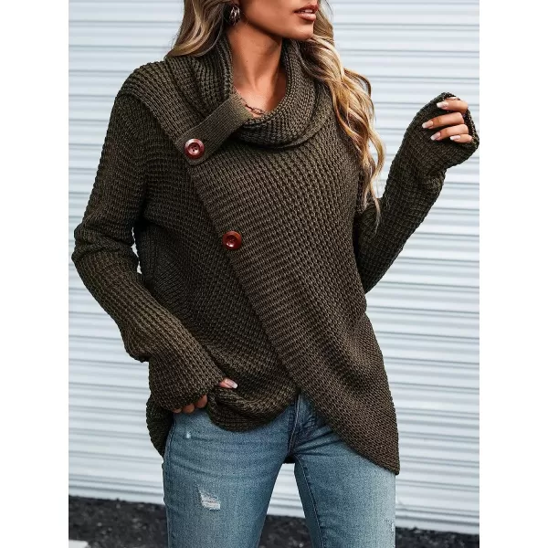 imageCUPSHE Women Casual Turtleneck Pullover Winter Long Sleeve Button Wrap Pullovers SweaterArmy Green