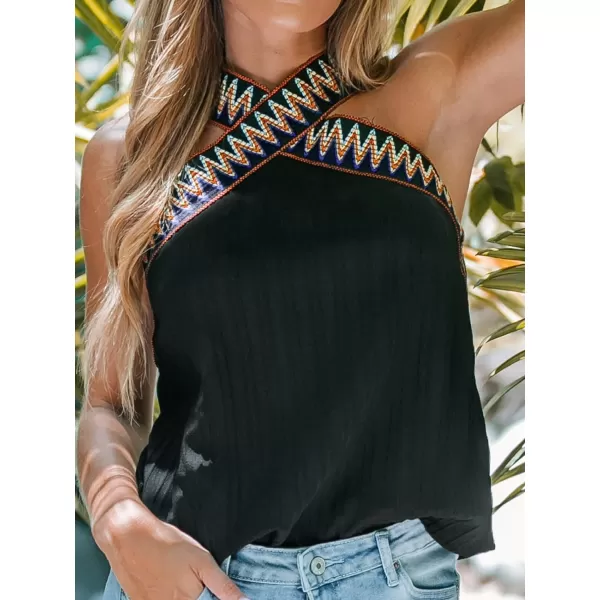 imageCUPSHE Women Chevron Stitching Top Sleeveless Tshirts Crisscross Halter Tank Tops CasualBlack