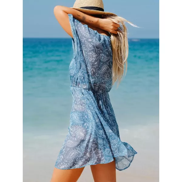 imageCUPSHE Women Chiffon Paisley Print CoverUp Dress Plunge VNeck Loose Fit Beach SwimwearBlue