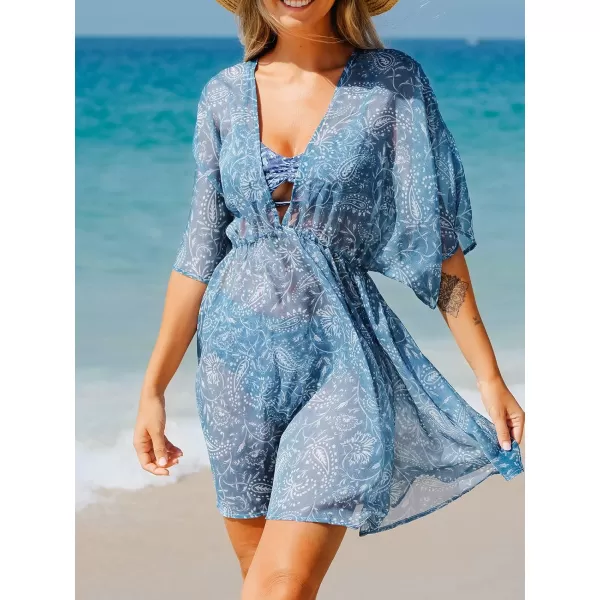 imageCUPSHE Women Chiffon Paisley Print CoverUp Dress Plunge VNeck Loose Fit Beach SwimwearBlue