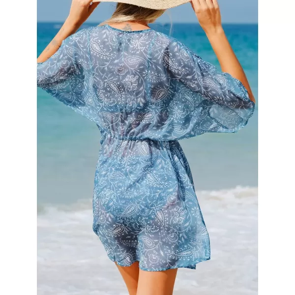 imageCUPSHE Women Chiffon Paisley Print CoverUp Dress Plunge VNeck Loose Fit Beach SwimwearBlue