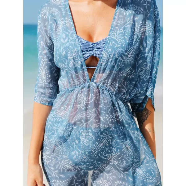 imageCUPSHE Women Chiffon Paisley Print CoverUp Dress Plunge VNeck Loose Fit Beach SwimwearBlue