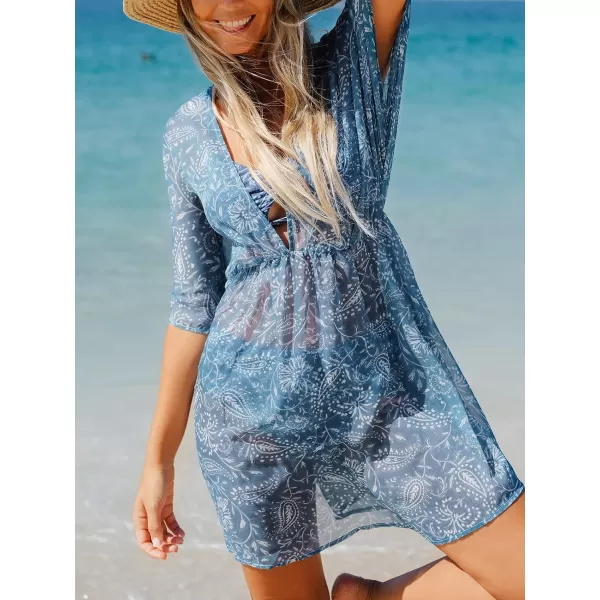 imageCUPSHE Women Chiffon Paisley Print CoverUp Dress Plunge VNeck Loose Fit Beach SwimwearBlue