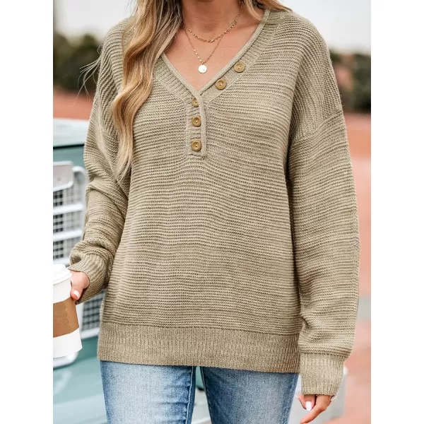 imageCUPSHE Women Chunky Knit Buttoned VNeck Sweater Ribbed Trim Drop Long Sleeve SweatersKhaki