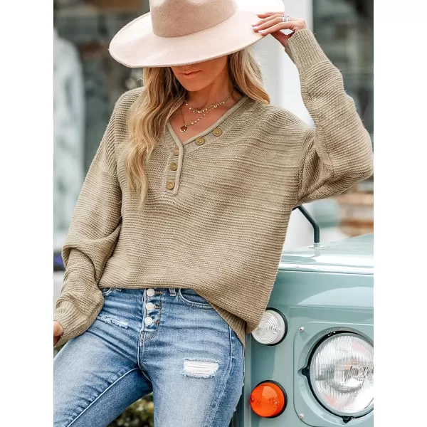 imageCUPSHE Women Chunky Knit Buttoned VNeck Sweater Ribbed Trim Drop Long Sleeve SweatersKhaki